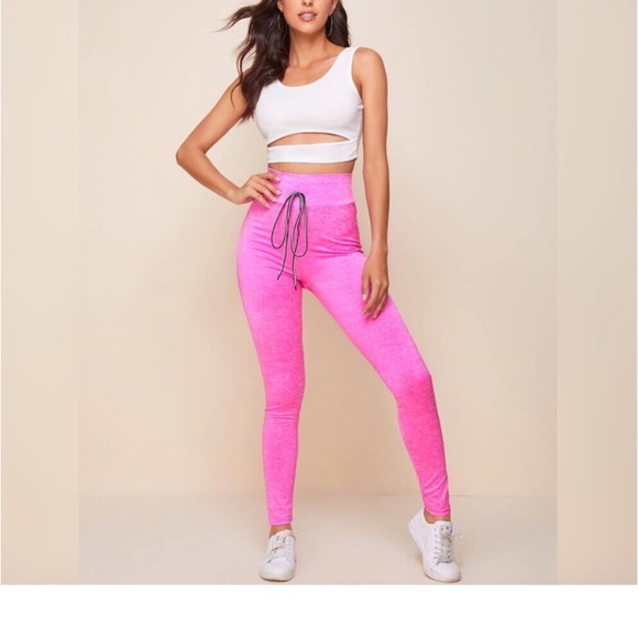 PINK HIGH WAISTED DRAWSTRING LEGGINGS - Picture 5 of 7